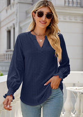 Jacquard V Neck Smocked Cuff Blouse
